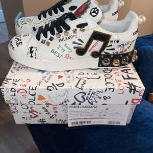 Dolce & Gabbana White Sneakers with Music Note and Gold Accents